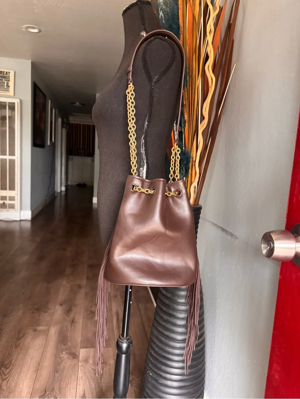 Zara Dark Brown Cow Leather Fringed Bucket Bag with Gold Chain Accents